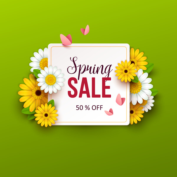 Green spring sale background with flower vector