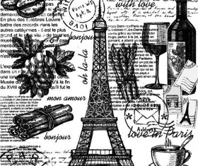 Hand drawn food with eiffel tower and text vector