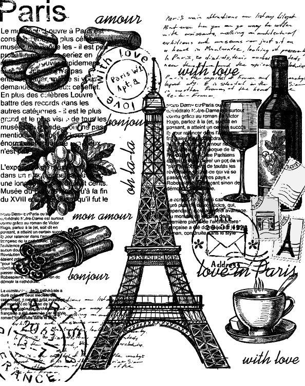 Hand drawn food with eiffel tower and text vector