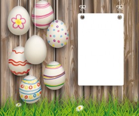 Hanging Easter Eggs Worn Wood White Board vecor