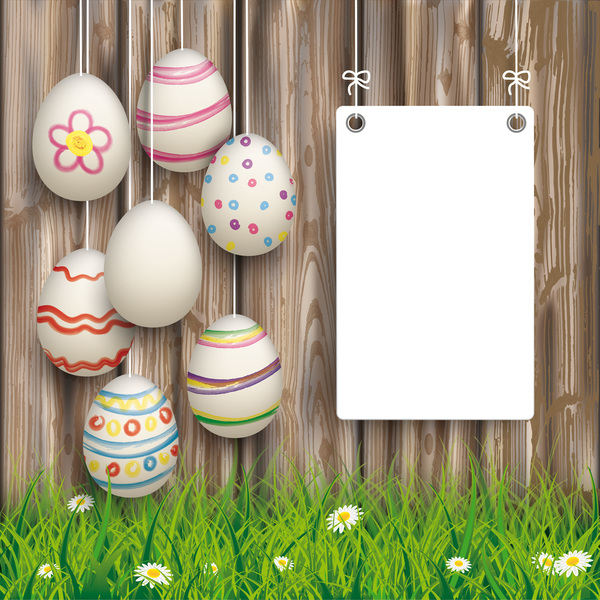 Hanging Easter Eggs Worn Wood White Board vecor