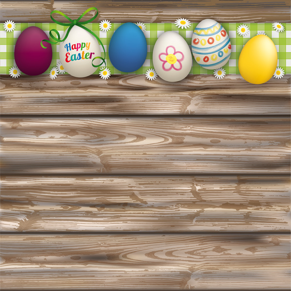 Happy Easter Eggs with wooden background vector