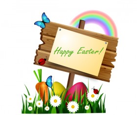 Happy easter wood sign with spring flower and rainbow vector
