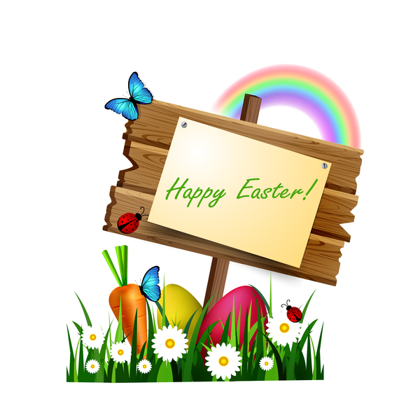 Happy easter wood sign with spring flower and rainbow vector