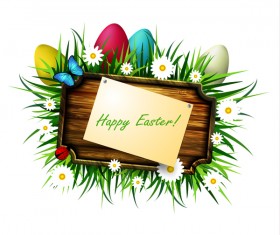 Happy easter wood sign with spring flower vector 01