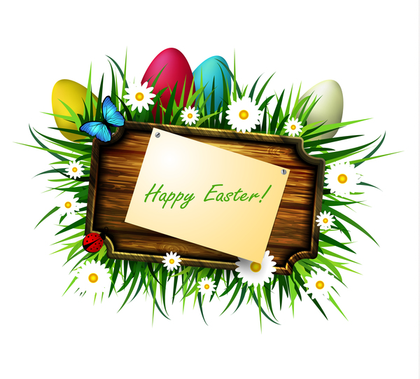 Happy easter wood sign with spring flower vector 01