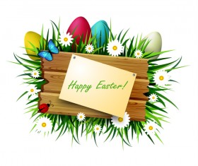 Happy easter wood sign with spring flower vector 02