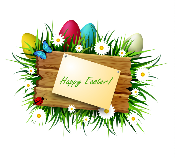 Happy easter wood sign with spring flower vector 02