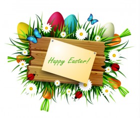 Happy easter wood sign with spring flower vector 03