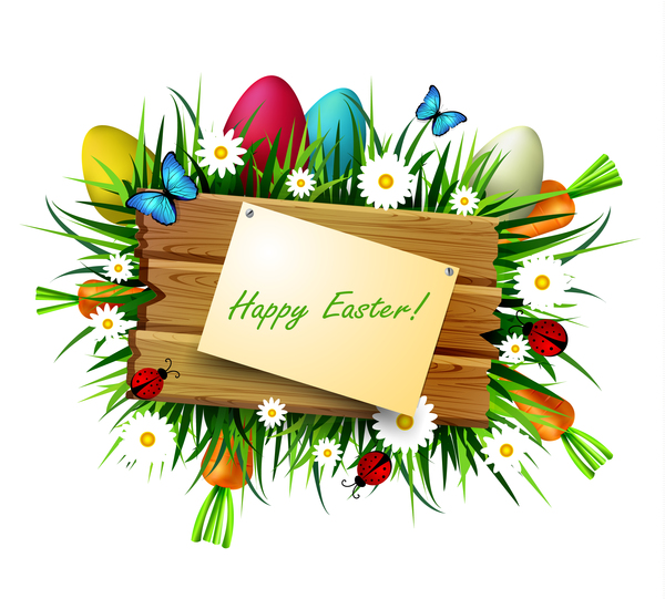 Happy easter wood sign with spring flower vector 03