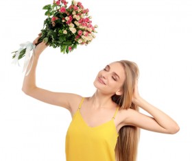 Happy girl holding a bouquet of roses Stock Photo 05