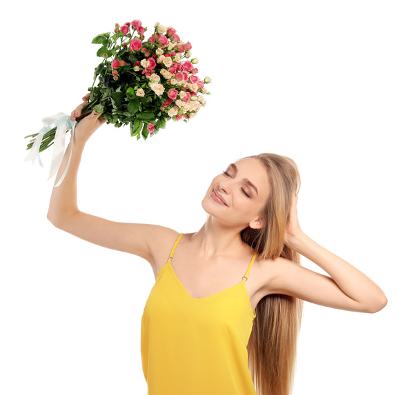 Happy girl holding a bouquet of roses Stock Photo 05