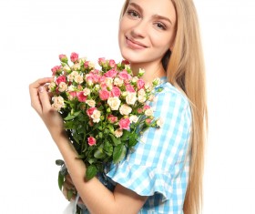 Happy girl holding a bouquet of roses Stock Photo 06