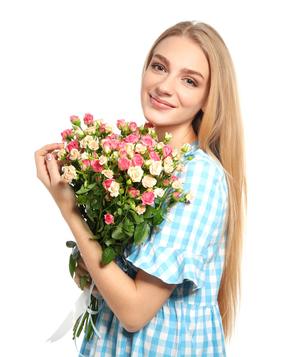 Happy girl holding a bouquet of roses Stock Photo 06