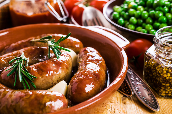 Homemade meat sausages and condiments Stock Photo 01