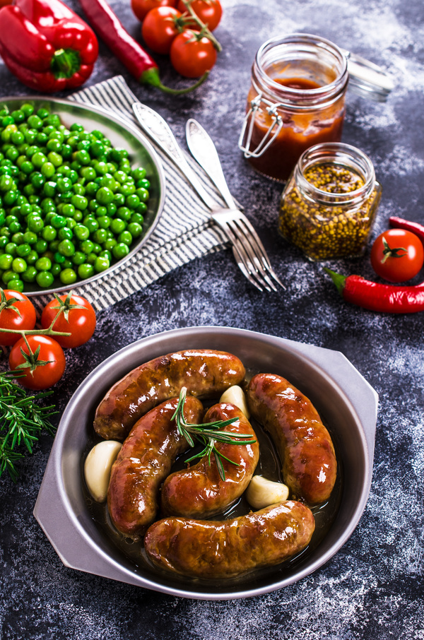 Homemade meat sausages and condiments Stock Photo 02