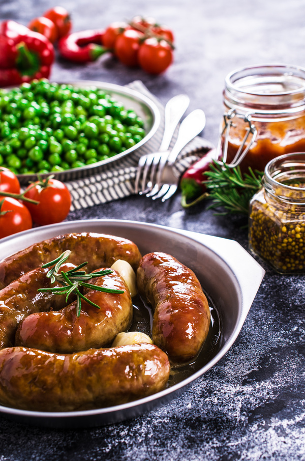Homemade meat sausages and condiments Stock Photo 03