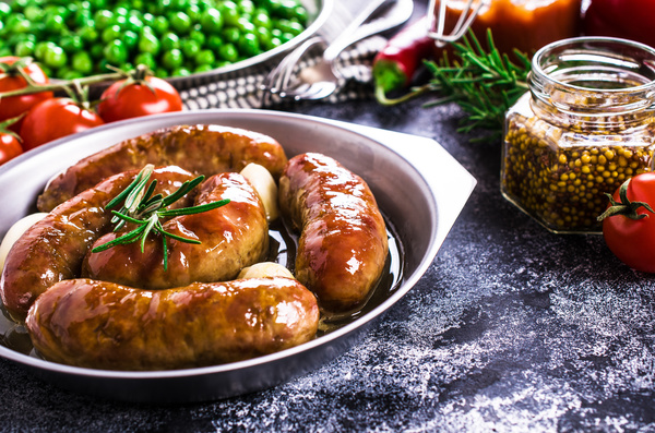 Homemade meat sausages and condiments Stock Photo 04