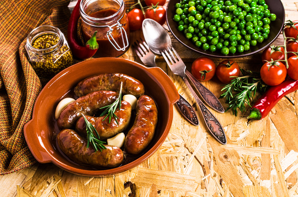 Homemade meat sausages and condiments Stock Photo 06