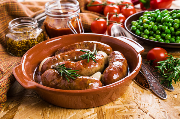 Homemade meat sausages and condiments Stock Photo 07