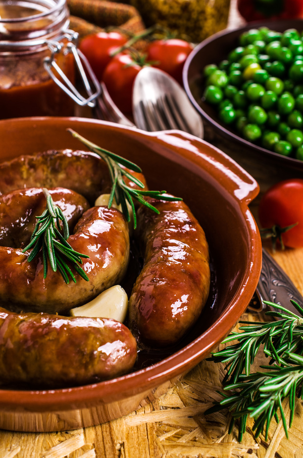 Homemade meat sausages and condiments Stock Photo 08