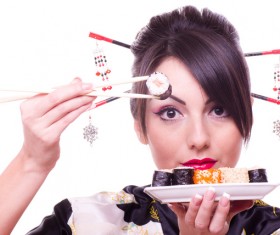 Japanese girl eating sushi Stock Photo 02