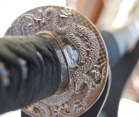 Japanese katana knife handle closeup Stock Photo