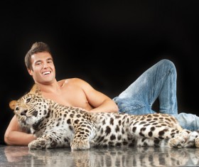 Man with leopard Stock Photo 02