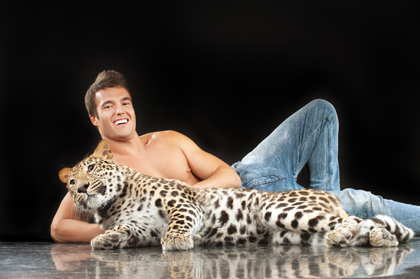 Man with leopard Stock Photo 02