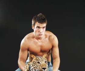 Man with leopard Stock Photo 04