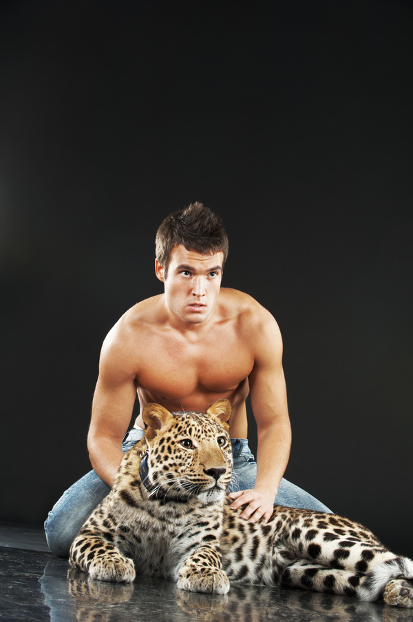 Man with leopard Stock Photo 04