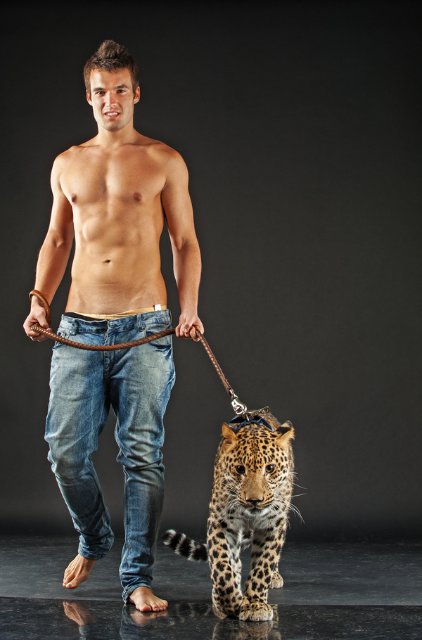 Man with leopard Stock Photo 05