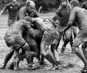 Muddy rugby match Stock Photo