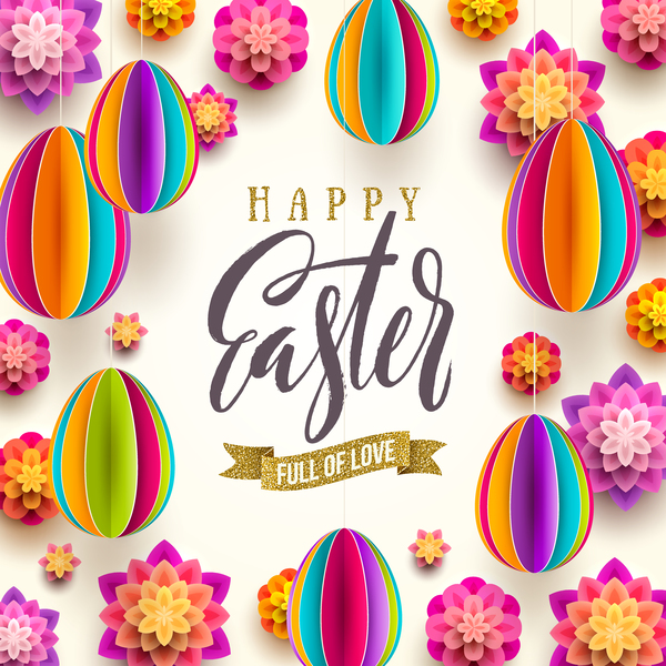 Paper flower with origami egg easter background vector