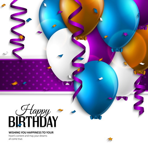 Purple ribbon with balloon birthday background vector