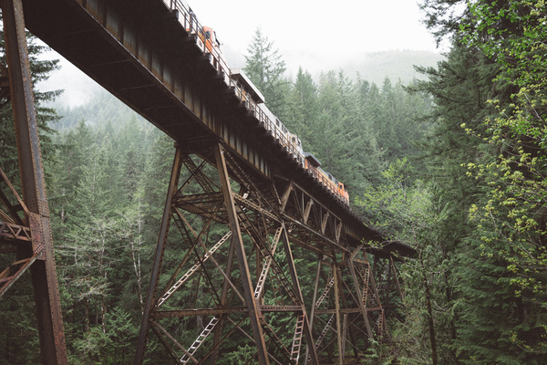 Railway on steel bridge in forest Stock Photo