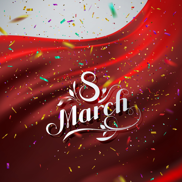 Red satin with confetti background and 8 march card vector
