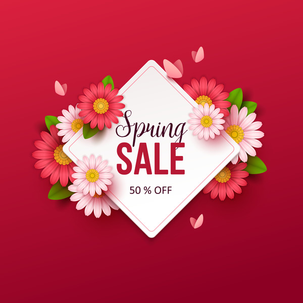 Red spring sale background with flower vector