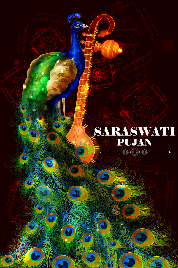Saraswati pujan festival poster with peacock vector 01