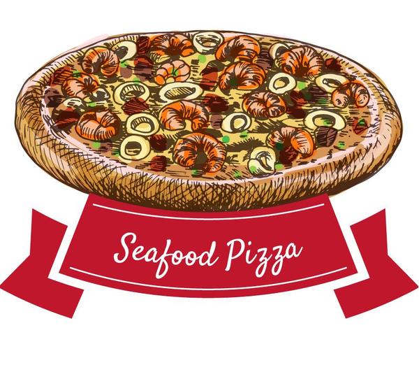 Seafood pizza hand drawn vector