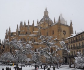 Segovia church snow scene Stock Photo