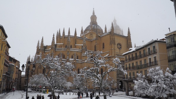 Segovia church snow scene Stock Photo