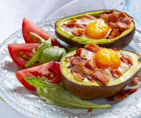 Smoked salmon eggs stuffed with avocado Stock Photo