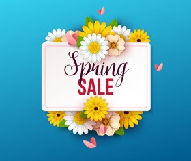 Spring flowers with blue sale background vector 01