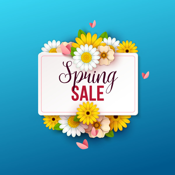 Spring flowers with blue sale background vector 01