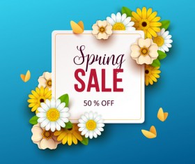 Spring flowers with blue sale background vector 02