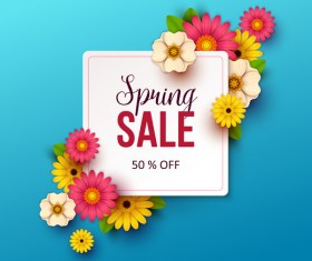 Spring flowers with blue sale background vector 03