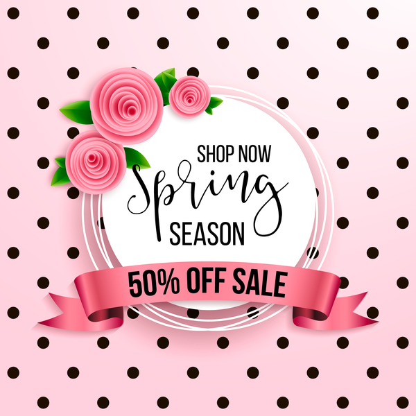 Spring season background with sale label and ribbon vector 01