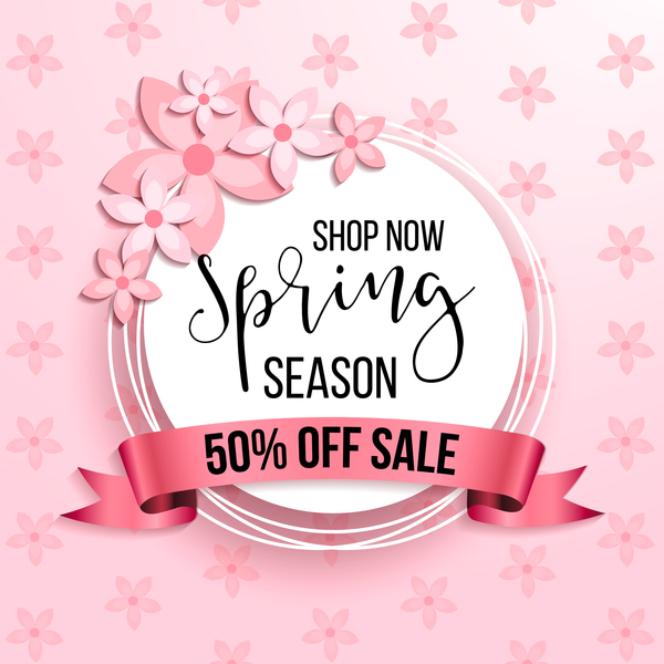 Spring season background with sale label and ribbon vector 02