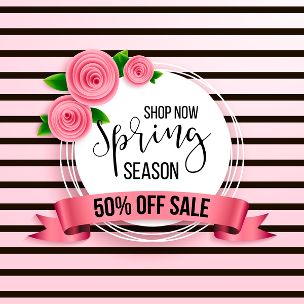 Spring season background with sale label and ribbon vector 03